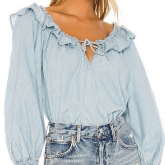 Free People Lily Of The Valley Chambray Blouse in Blue Size Small - Picture 11 of 15